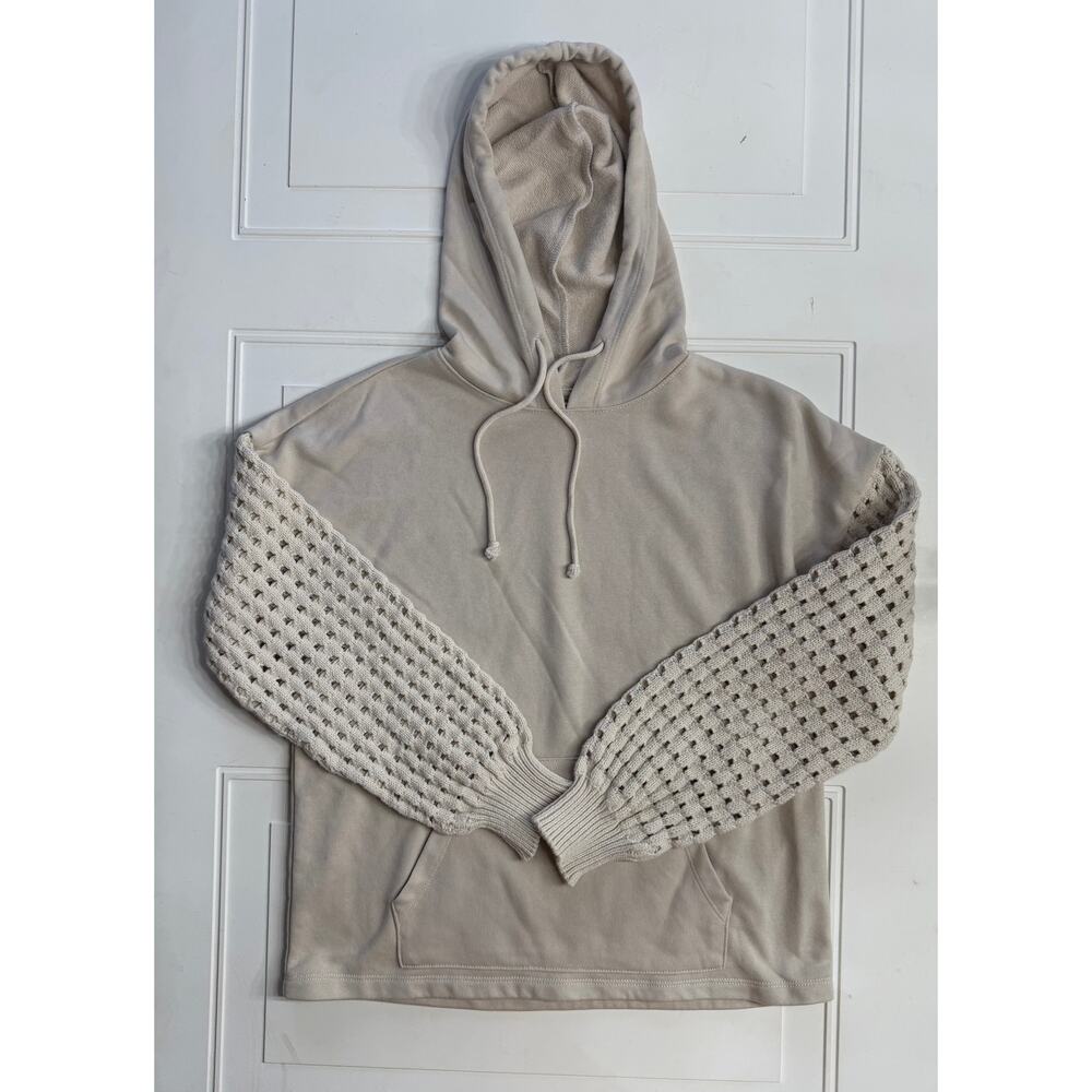 Time and Tru Womens Sz M Tan Crochet Knit Sleeve Hoodie Hooded Sweatshirt - Picture 2 of 8